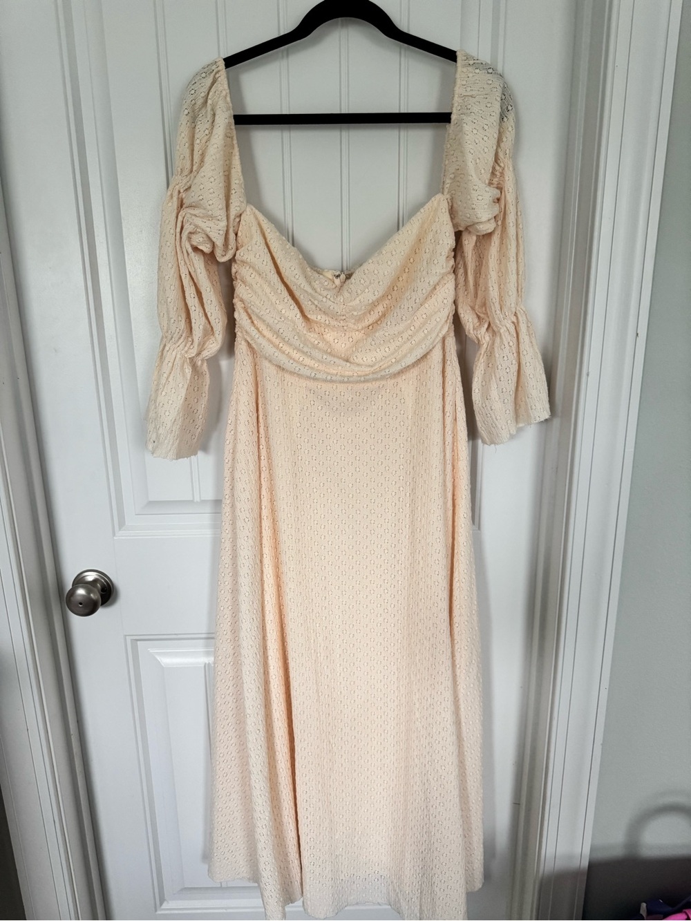 Draped Ivory Maxi Dress with Puff Sleeves